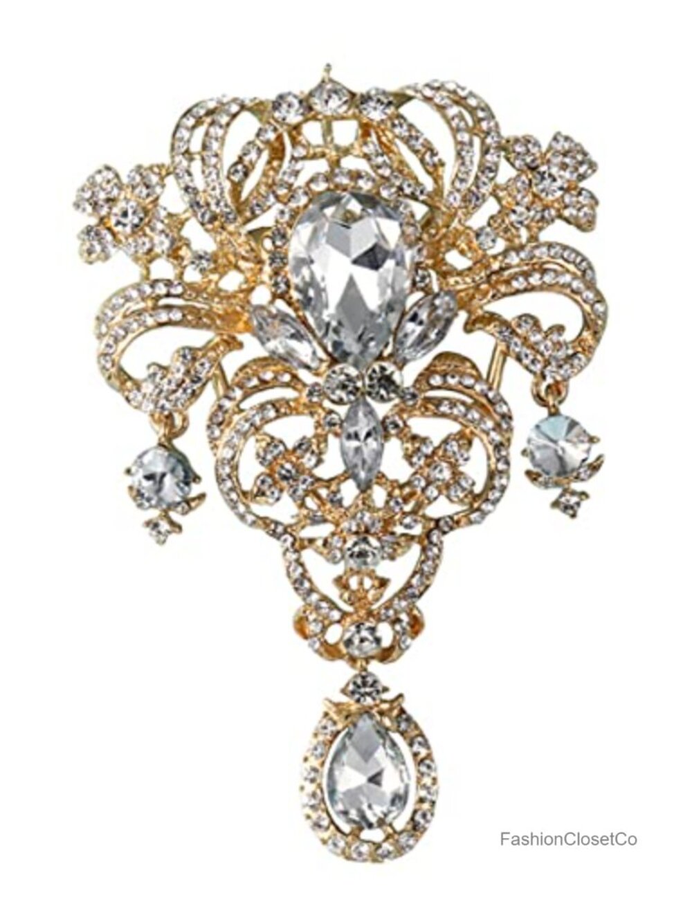 Gold Tone Teardrop Crystal Rhinestone Flower Brooch Pin 5 Inch